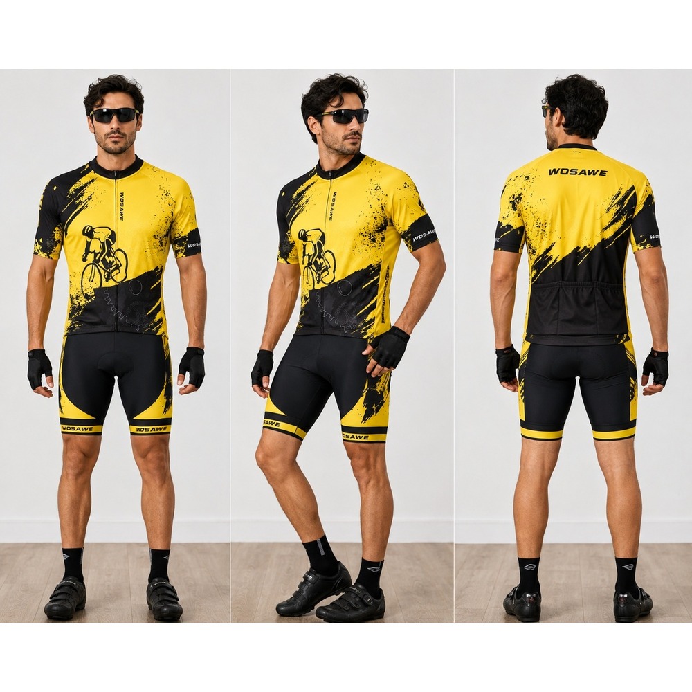 WOSAWE Mens Cycling Jersey and Shorts Set Yellow Black Graphic Bike Kit Large
